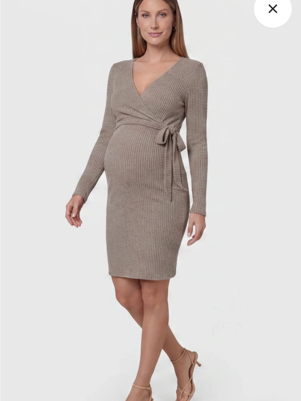 Ribbed Wrap Maternity Dress in Taupe
